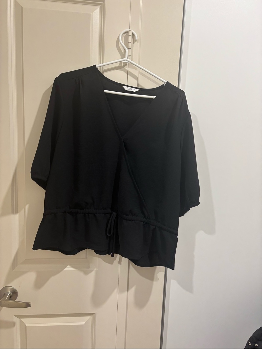 Denver Hayes Black Wrap Blouse with Drawstring